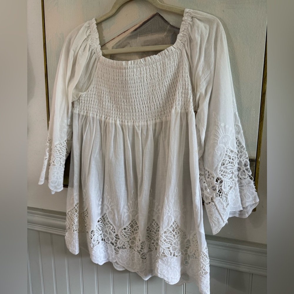 ANTICA SARTORIO by Giacomo Cinque White Lace Embroidered Peasant Blouse O/S - Picture 2 of 5